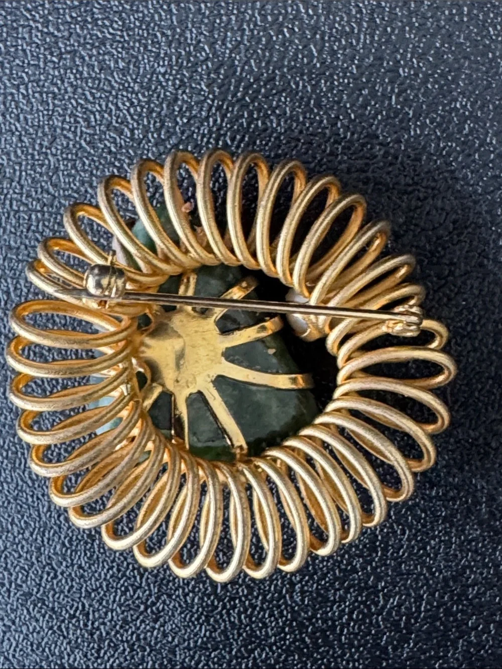 VTG Modernist Gold Tone Brooch with Jade Stone and Faux Pearl Kramer Era